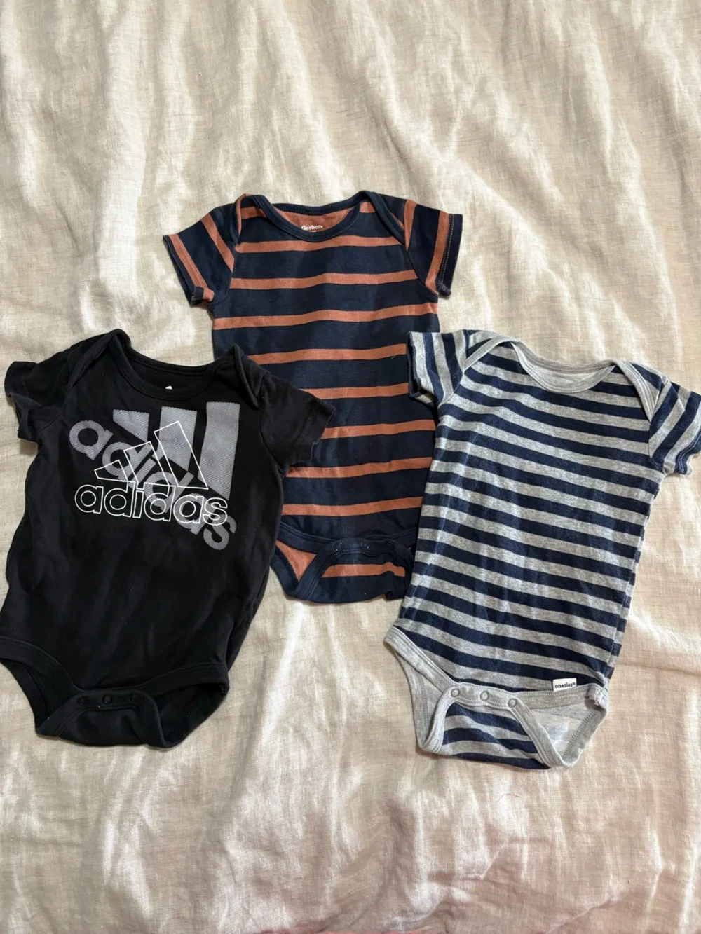 3-6 months Black Baby Bodysuit with Navy & Rust and Navy & Gray Striped Trio